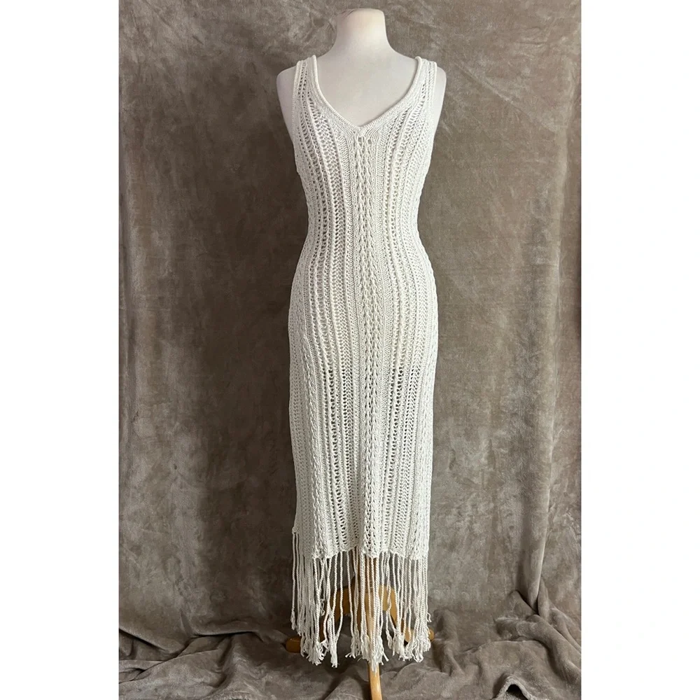 Jonathan Simkhai Ivory Kamilah Crochet Fringe Tank Midi Dress Small NWOT - Picture 4 of 13